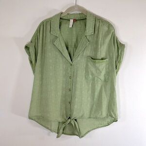 Anthropologie Pilcro Embroidered Button Up Tie Waist Women’s Size XL Green Top
